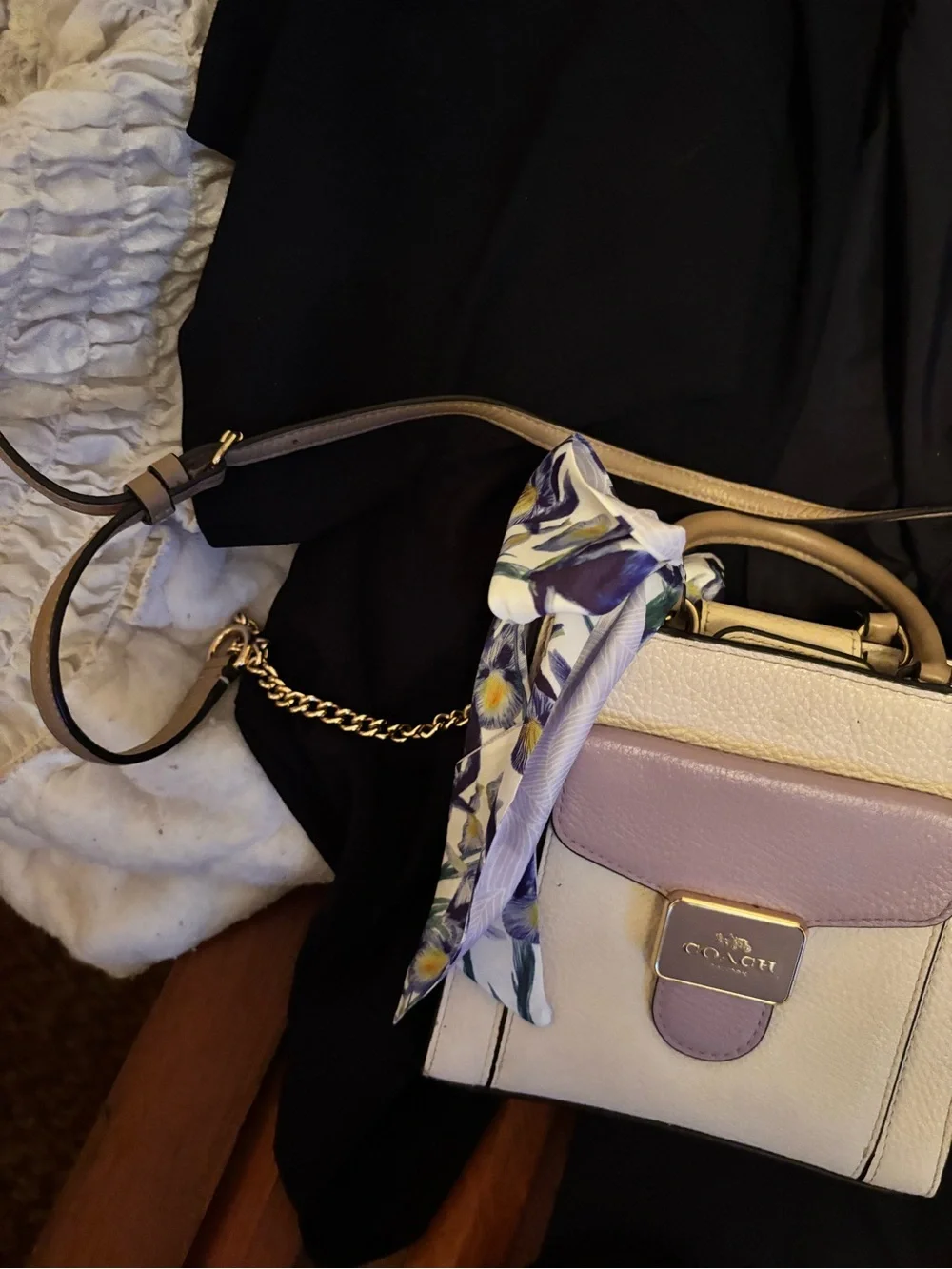 Coach Cream and Lilac Leather Crossbody Bag with Floral Scarf bag not Perfect